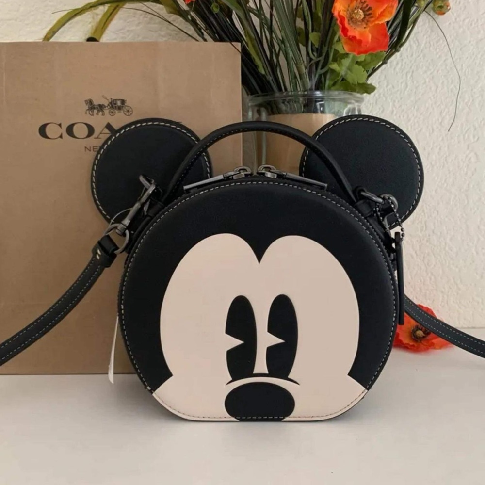 NWT Coach CM840 Disney X Coach Mickey Mouse Ear Bag Smooth Leather Black Multi